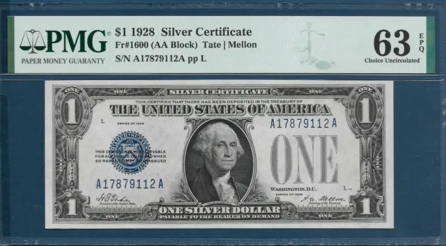 United States $1 Silver Certificate, FR 1600 / AA Block, 1928, PMG 63 EPQ UNC