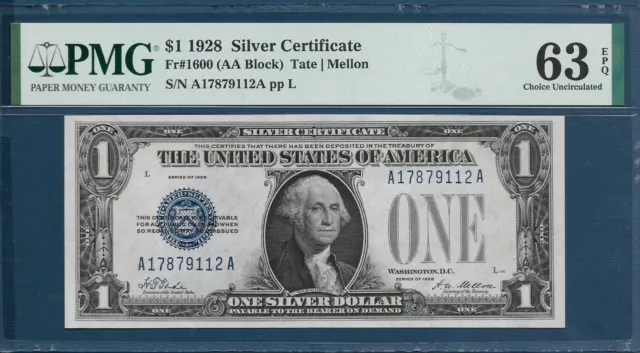 United States $1 Silver Certificate, FR 1600 / AA Block, 1928, PMG 63 EPQ UNC