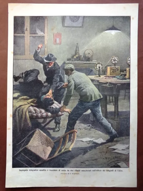 Retrocopertina Domenica Corriere nr. 17 del 1910 Impiegato Poste Ucciso a Udine