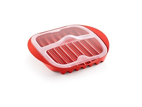 Microwave Bacon Maker/Cooker with Lid, Red, 11.02" L x 9.8" W x 2.3" H