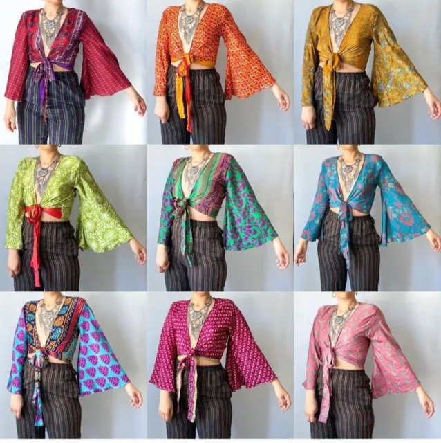 20 Piezas Lote De Indio Vintage Seda Sari Campana Manga Top Corto Retro 60s Ropa