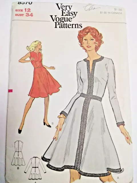 Vestido 12 Vogue 8370 Muy Fácil Costura Patrón UC Vtg 70sV Cuello Campana Swing