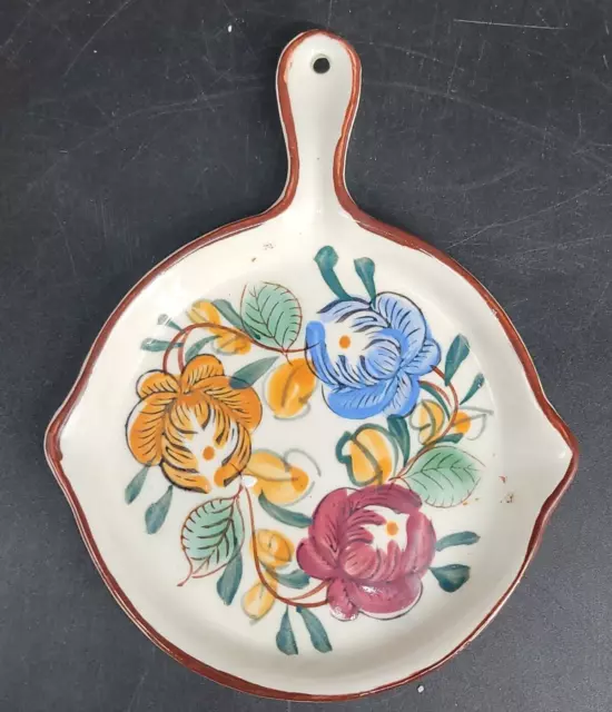 Nasco Spoon Rest Plate 4 1/2"x6" Hand Painted Ceramic Skillet Shaped Floral VTG