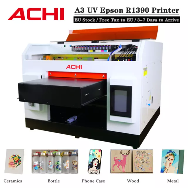 ACHI A3 UV Printer Epson R1390 Nozzle Flatbed Cylindrical Glass Metal & Rotation