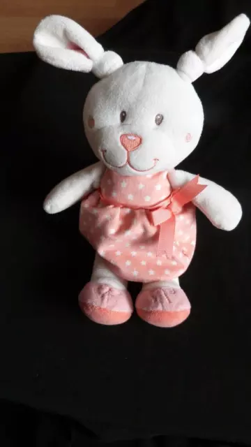 doudou peluche tex  lapin  blanc  robe etoilee saumon