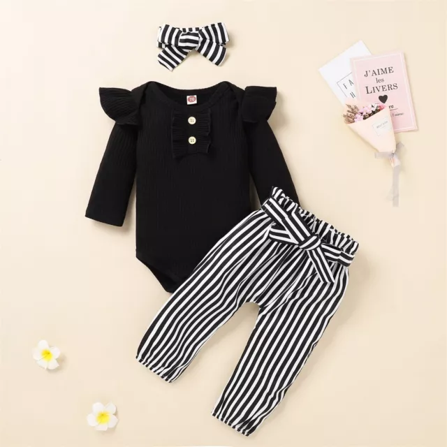 Newborn Infant Baby Girls Ribbed Romper Tops+ Striped Pants Headband Outfits Set