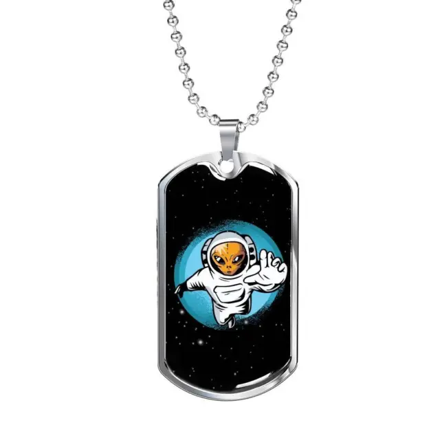 Alien UFO Fan Astronaut Necklace Stainless Steel or 18k Gold Dog Tag 24" Chain