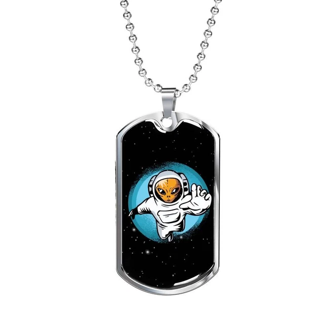 Alien UFO Fan Astronaut Necklace Stainless Steel or 18k Gold Dog Tag 24" Chain