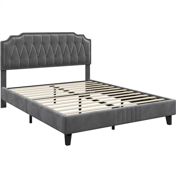 DOUBLE UPHOLSTERED BED Frame w/ Adjustable Tufted Velvet Headboard, 4