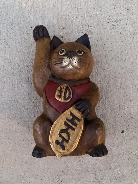 Mid-Century Japanese Wooden Vintage Rare Neko Lucky Cat Figurine