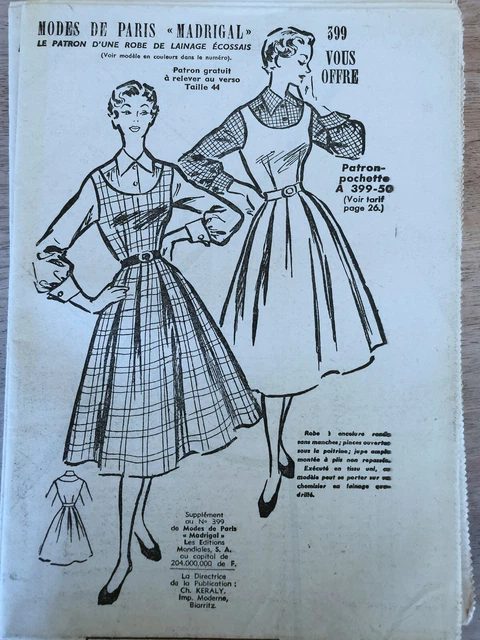 Patron Vintage Madrigal N°348 - Robe Blousante Année 1950 - Taille 44 - Rétro