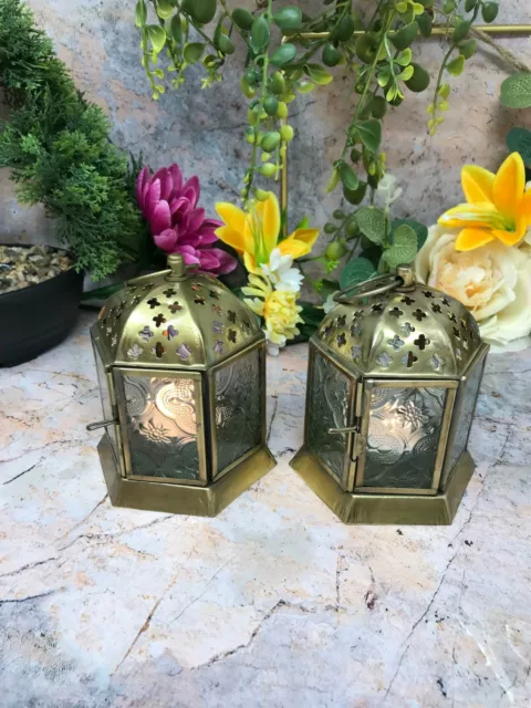 Pair of Moroccan Style Lanterns Brass Antique Tea Light Candle Holders 2