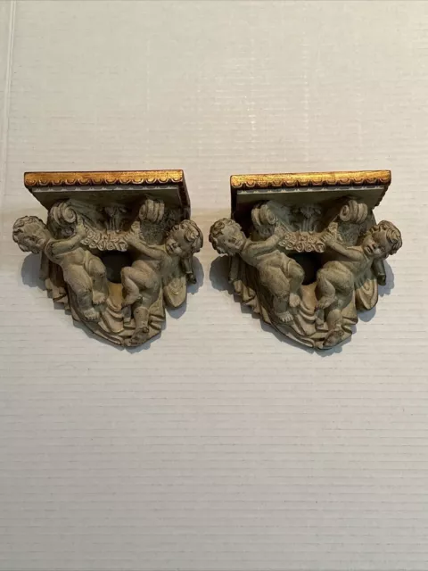 PAIR Antiqued Wall Sconces Ornate Angels Cherubs Shelf Beige w/ Gold Highlights