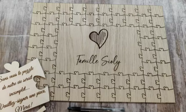 Personalised oak french wedding wooden jigsaw guest book puzzle keepsake