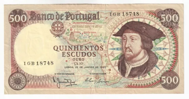 PORTUGAL 500 Escudos Banknote (1966) P.170a - VF+ 2