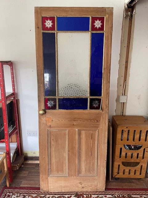 Victorian Pine Door - Coloured Glass Glazed - Antique Internal Door - REDUCED!!