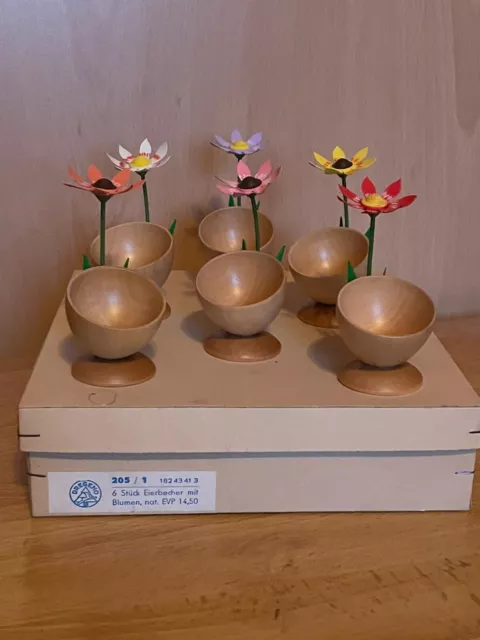 6 Eierbecher mit Blume DREGENO Erzgebirge Ostern Osterei, Rarität, in OVP