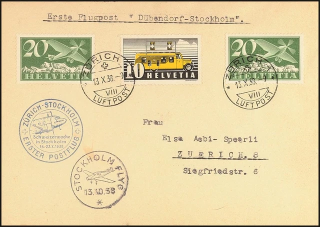 24444) Schweiz Luftpost Brief 1938 ERSTER POSTFLUG ZÜRICH-STOCKHOLM
