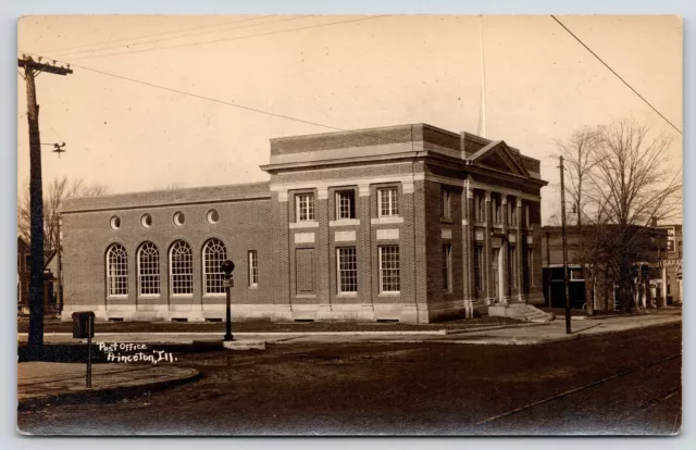 Princeton Illinois~US Post Office~Keep Right~Car Garage Down Street~c1915 RPPC