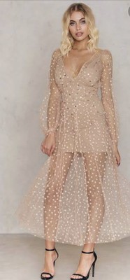 BNWT Revolve For Love & Lemons All That Glitters Maxi Dress In Gold Almond XS