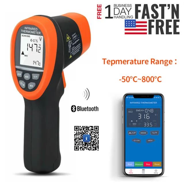 Digital Laser Thermometer Infrared Gun Non Contact Temperature Auto BT APP Meter