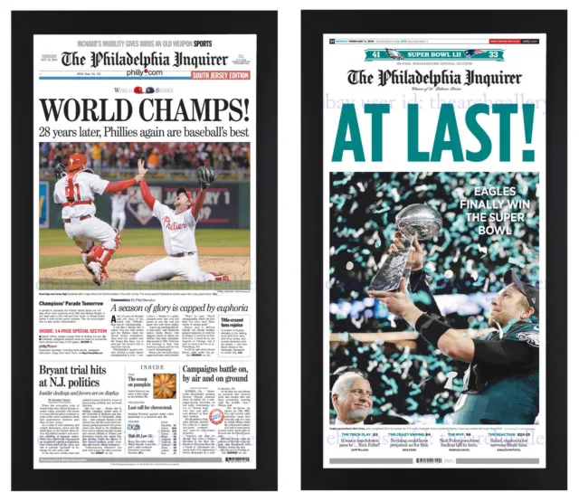 2008 Philadelphia Phillies World Series & 2018 Eagles SB Newspaper Set Framed!