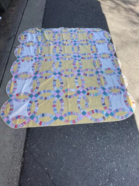 Vintage Antique Patchwork Handmade Quilt Bedspread Hand Sewn Geometric Pattern