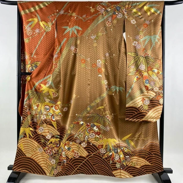 Woman Japanese Kimono Furisode Silk Bamboo Plum Blossom Gold Thread Foil Red