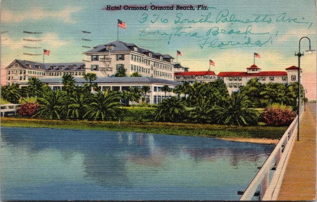 Ormond Beach FL Hotel Ormond Linen 1948 Vintage Postcard Water View Flag