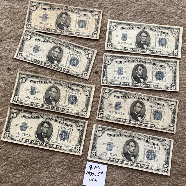 LOT OF 8 Blue Seal United States $5 Silver Certificates 1934 Series A C D Notes