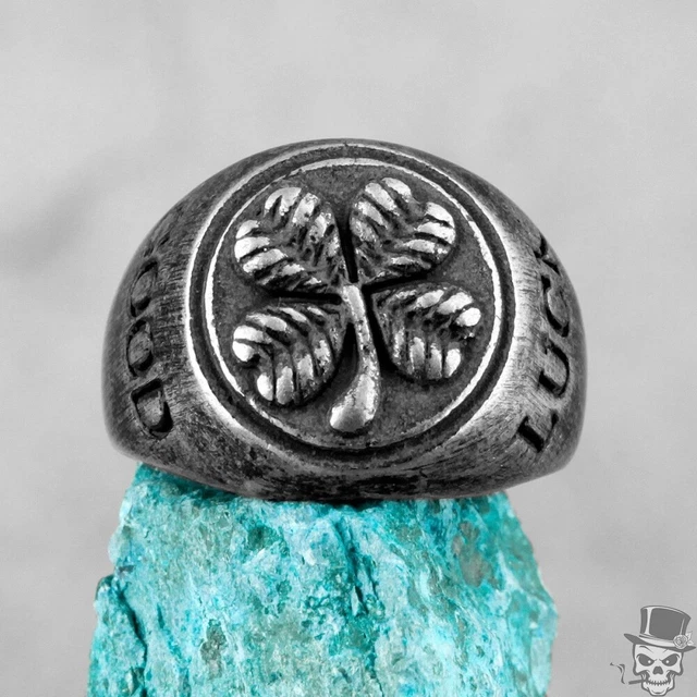 Good Luck Four Leaf Clover Retro Old Black Punk Ring in 316L Stainless Steel NEW