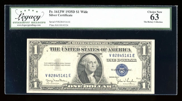 DBR 1935-D $1 Silver Fr. 1613W Wide VE Block Legacy 63 Ser # V82845161E 2nd of 2