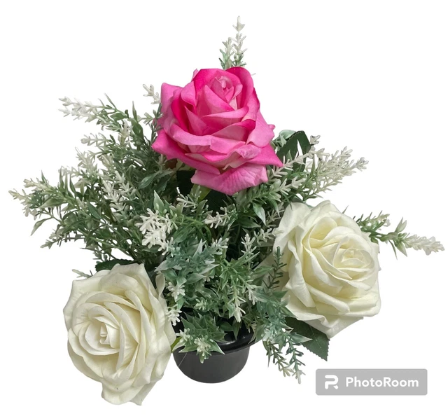artificial flowers arrangement In Memorial Grave Pot. White & Pink