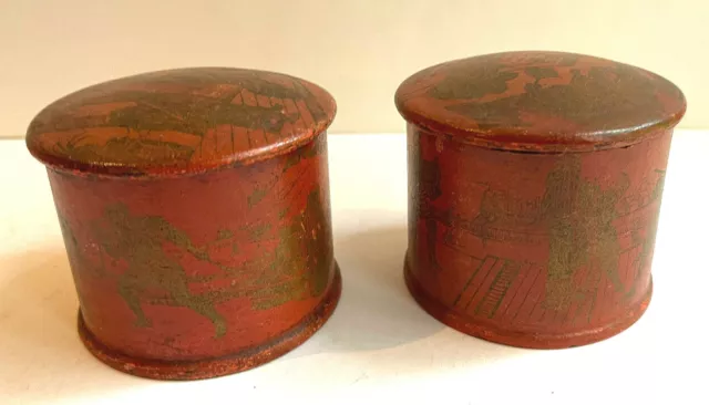 Two Antique Red Gilded Oriental Papier Mache Lacquered Round Lidded Boxes