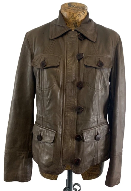 JOHN ROCHA JACKET 14 DARK BROWN REAL Leather Full Zip Button Short womens