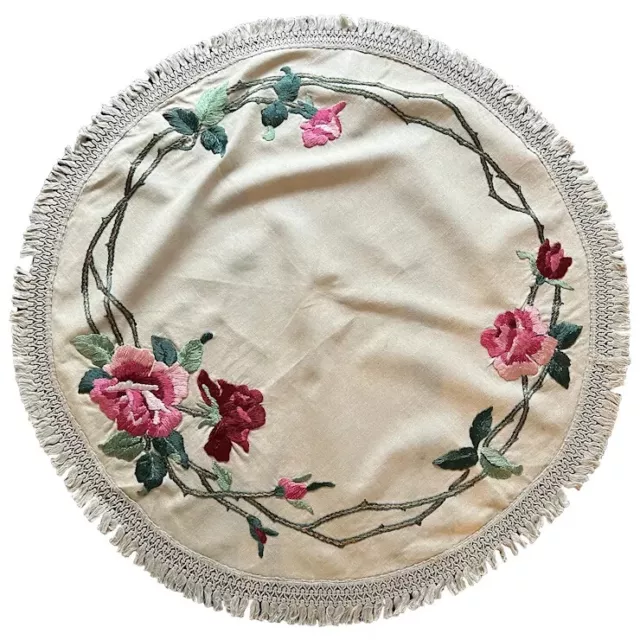 Antique 1900s Royal Society Silk Floral Rose Hand Embroidered Round Tablecloth