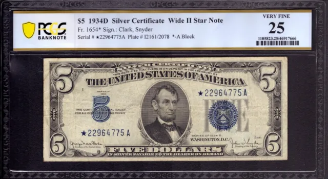 1934 D $5 Silver Certificate Star Note Fr.1654* Scarce Wide Ii Pcgs B Vf 25
