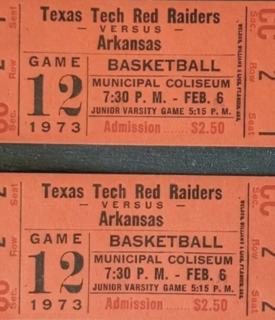 Lot of 4 1973 Texas Tech Red Raiders vs Arkansas Men's Basketball Ticket Stubs