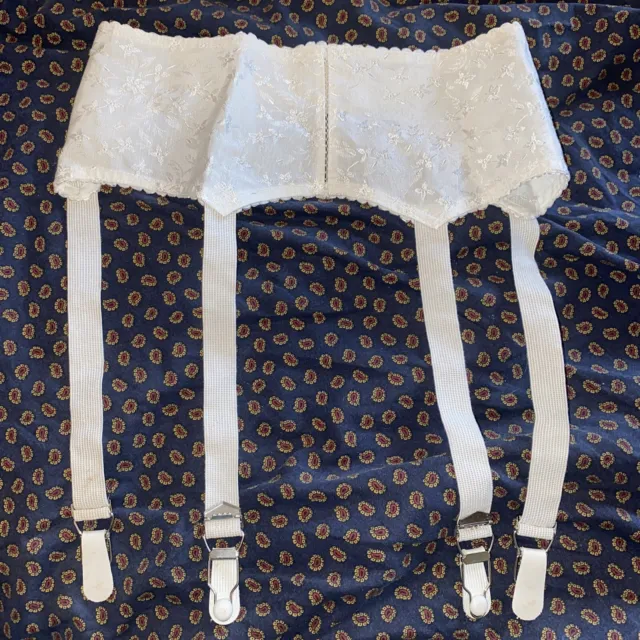 Vintage NOS Garter Belt suspenders Metal Clips White Dainty floral pattern Sz 22