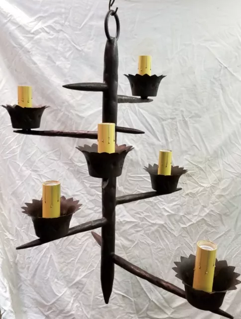 Rare 1920S Style Spanish Revival Rustic Primitive Wrought Iron 6 Lamp Chandelier