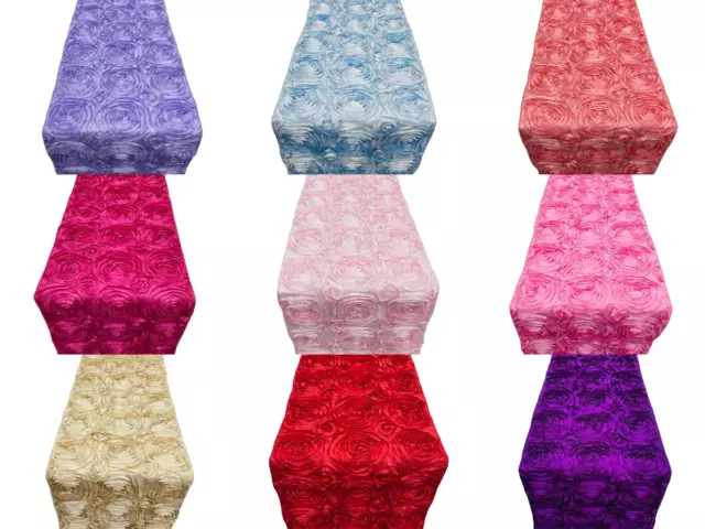 Rosette Design Table Runner - 12" x 90" Satin Rosette Table Runner (Pick Color)