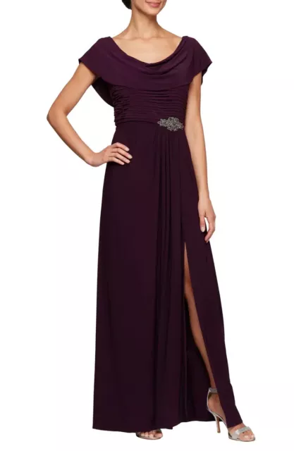 Alex Evenings Eggplant Purple Cowl Neck Beaded Waist Gown Size 14 $185