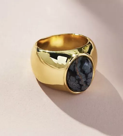 Anthropologie Oval Stone Cocktail Ring NWT Size 8 Gold Black Stone