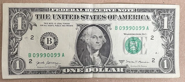 Binary fancy serial number 1 dollar bill # B09990099A