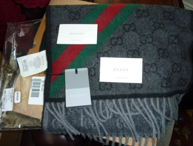 NWT in orginal package GUCCI Signature Nikky Grey Wool Scarf 15” W x 190” L