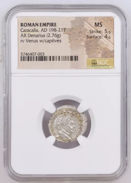 Roman Empire - Caracalla - AD 198-217 - Silver Denarius - NGC MS - RIC:312d