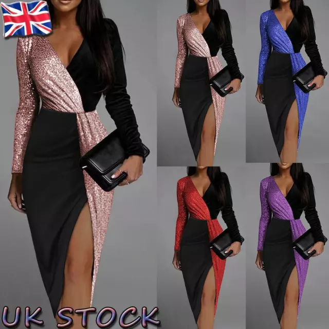 Womens Sequins V Neck Midi Dress Evening Cocktail Party Bodycon Split Dresses