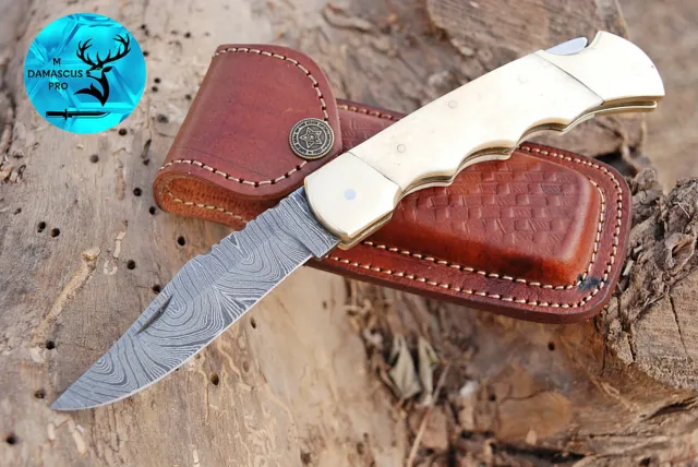 Custom Handmade Forged Damascus Steel Folding Pocket Knife Camel Bone Handle 945