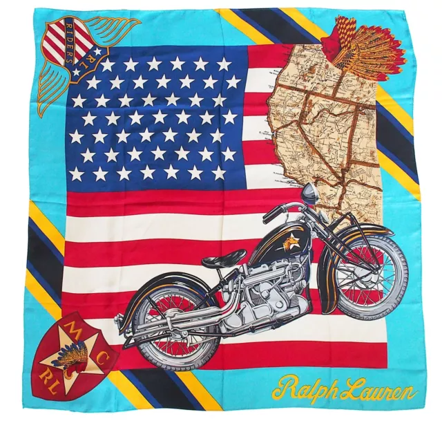 Ralph Lauren Vintage Silk Scarf USA Flag Motorcycle Indian Head Ralph Lauren Vintage Silk Scarf USA Flag Motorcycle Indian Head