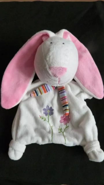doudou  marionnette CP lapin blanc echarpe rayée fleur  excellent etat